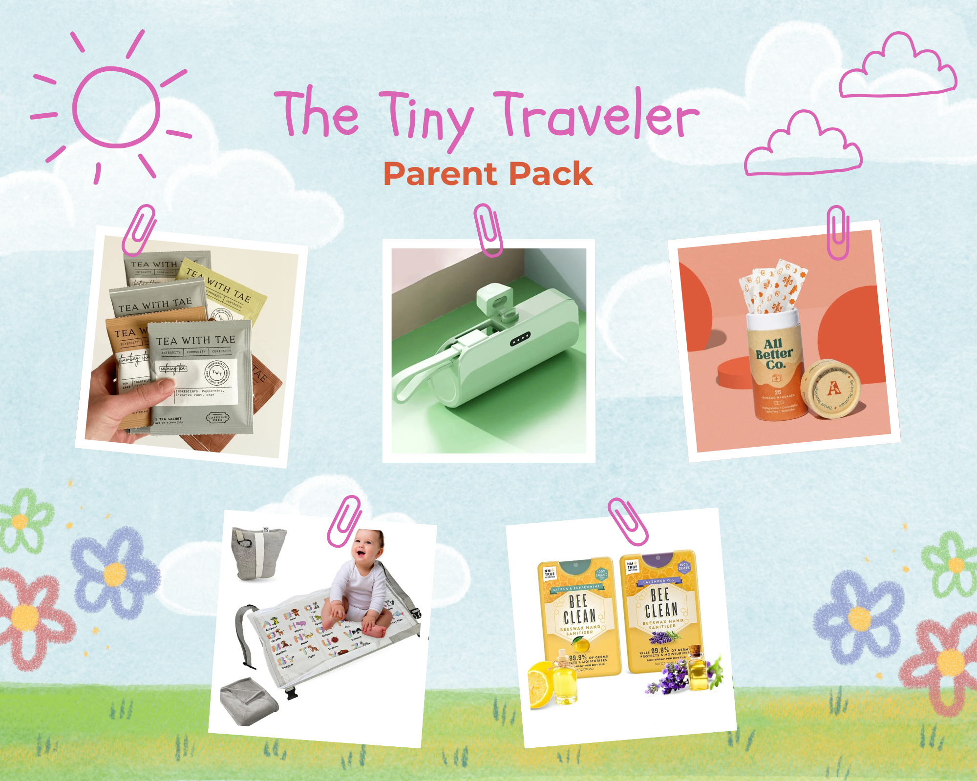 Promotional image for 'The Tiny Traveler Parent Pack' with various products on a colorful background.