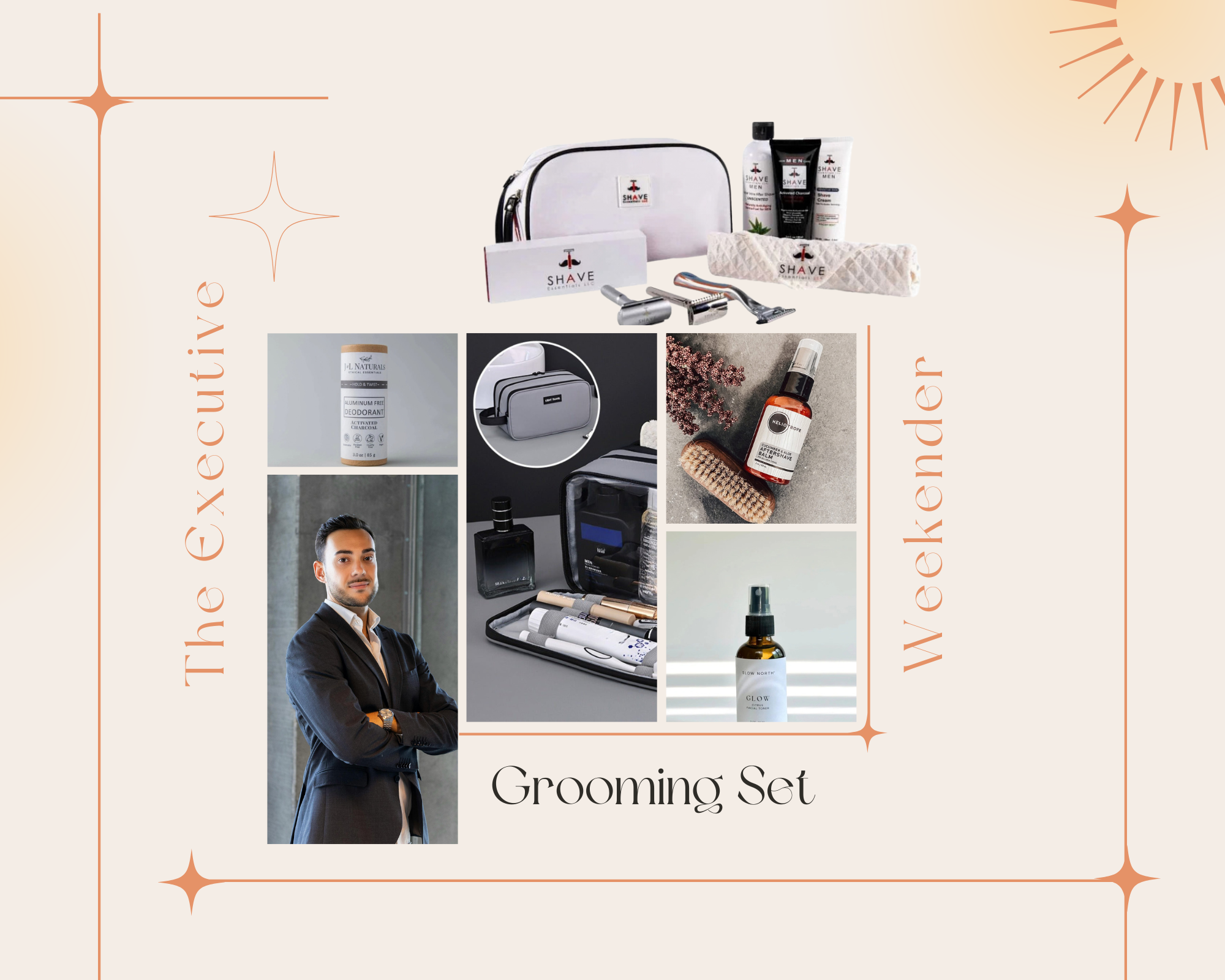 Grooming set with various products and a man in a suit on a decorative 