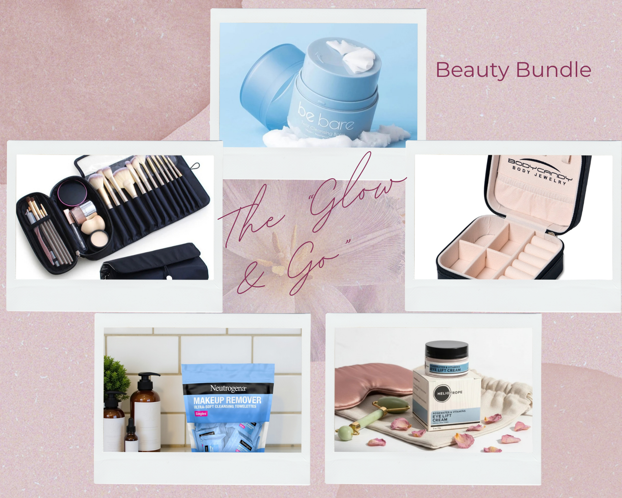 Collage of beauty products and accessories with 'Beauty Bundle' and "The Glow & Go" text on a pink background.