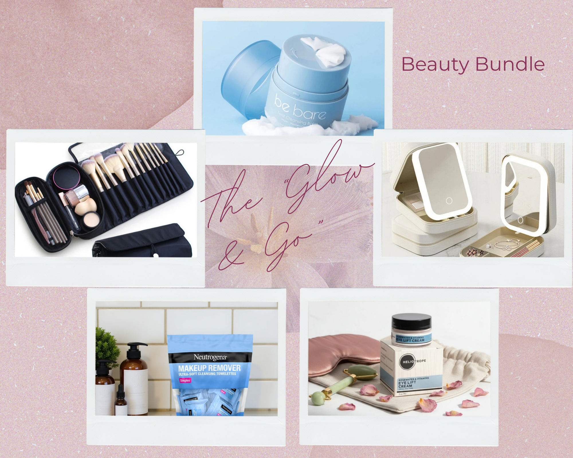 Collage of beauty products and accessories with 'Beauty Bundle' and "The Glow & Go" text on a pink background.