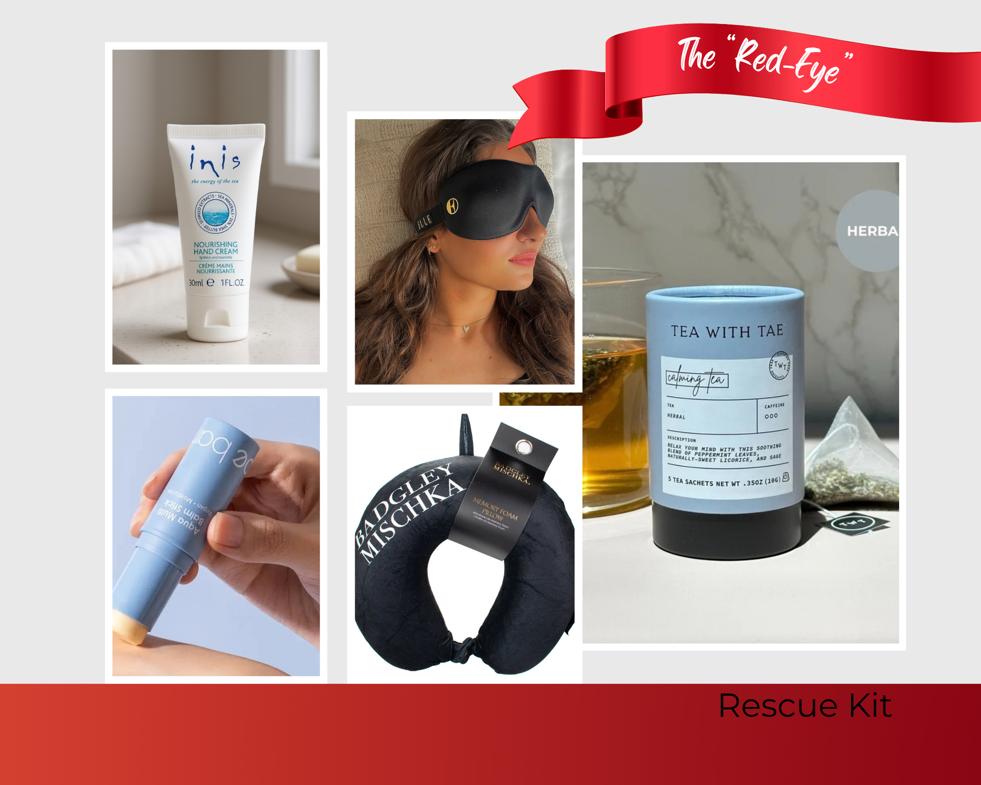 Collection of travel items including a tube of cream, eye mask, and tea canister on a white background.