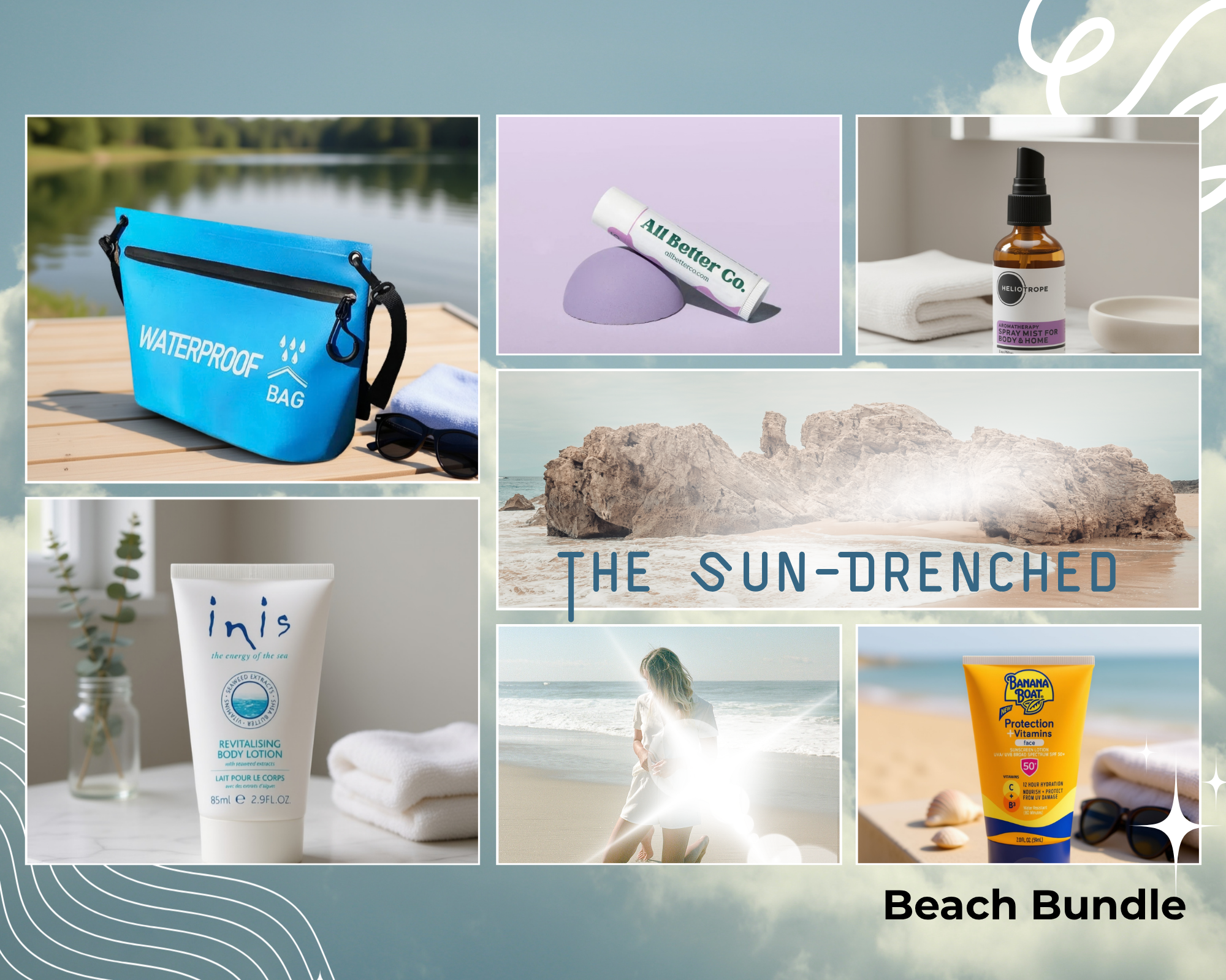 Collage of beach-related products and items with a focus on sun protection and outdoor activities.