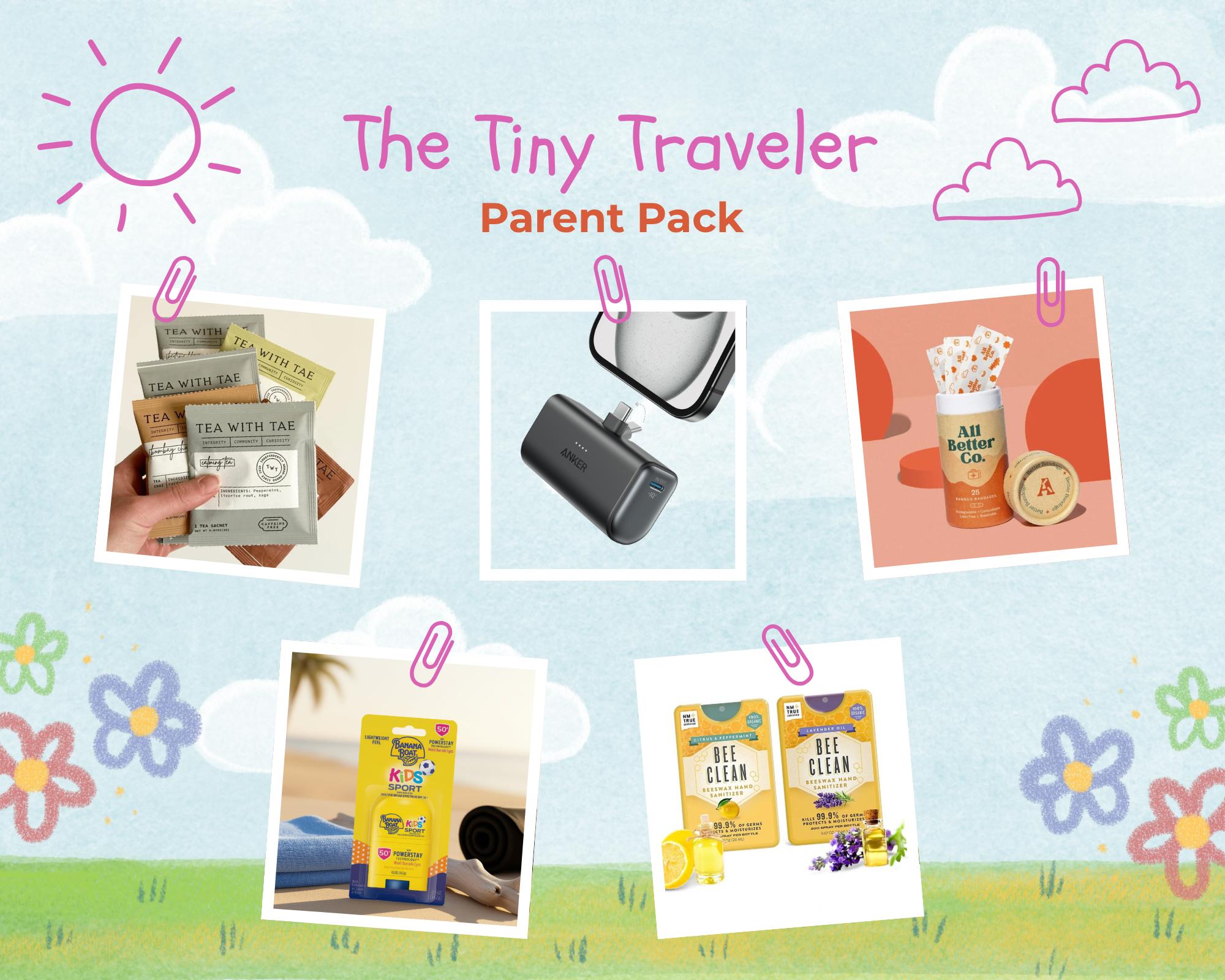 Promotional image for 'The Tiny Traveler Parent Pack' with various products on a colorful background.