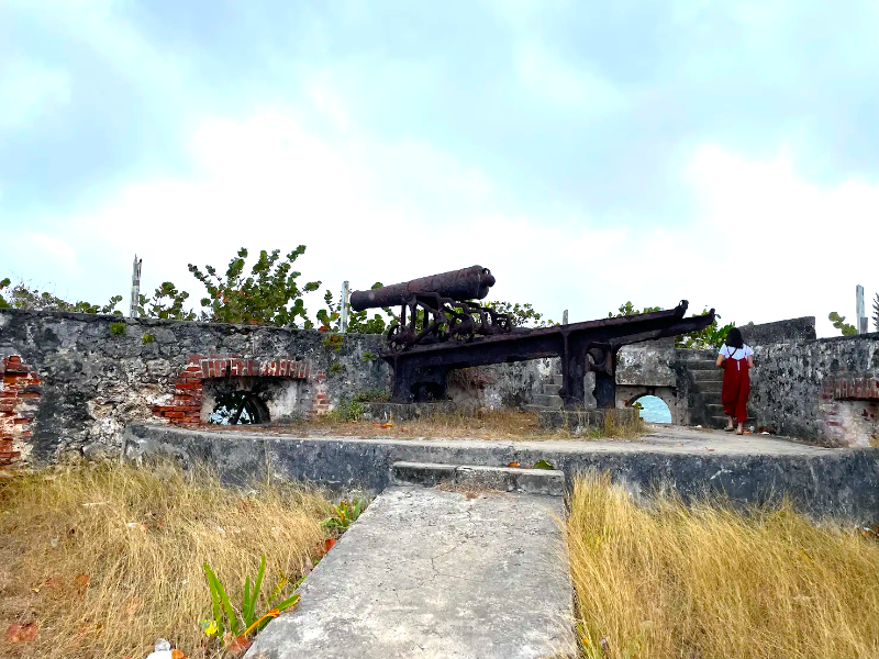 Historic fort with old cannon and stone ruins in a grassy area