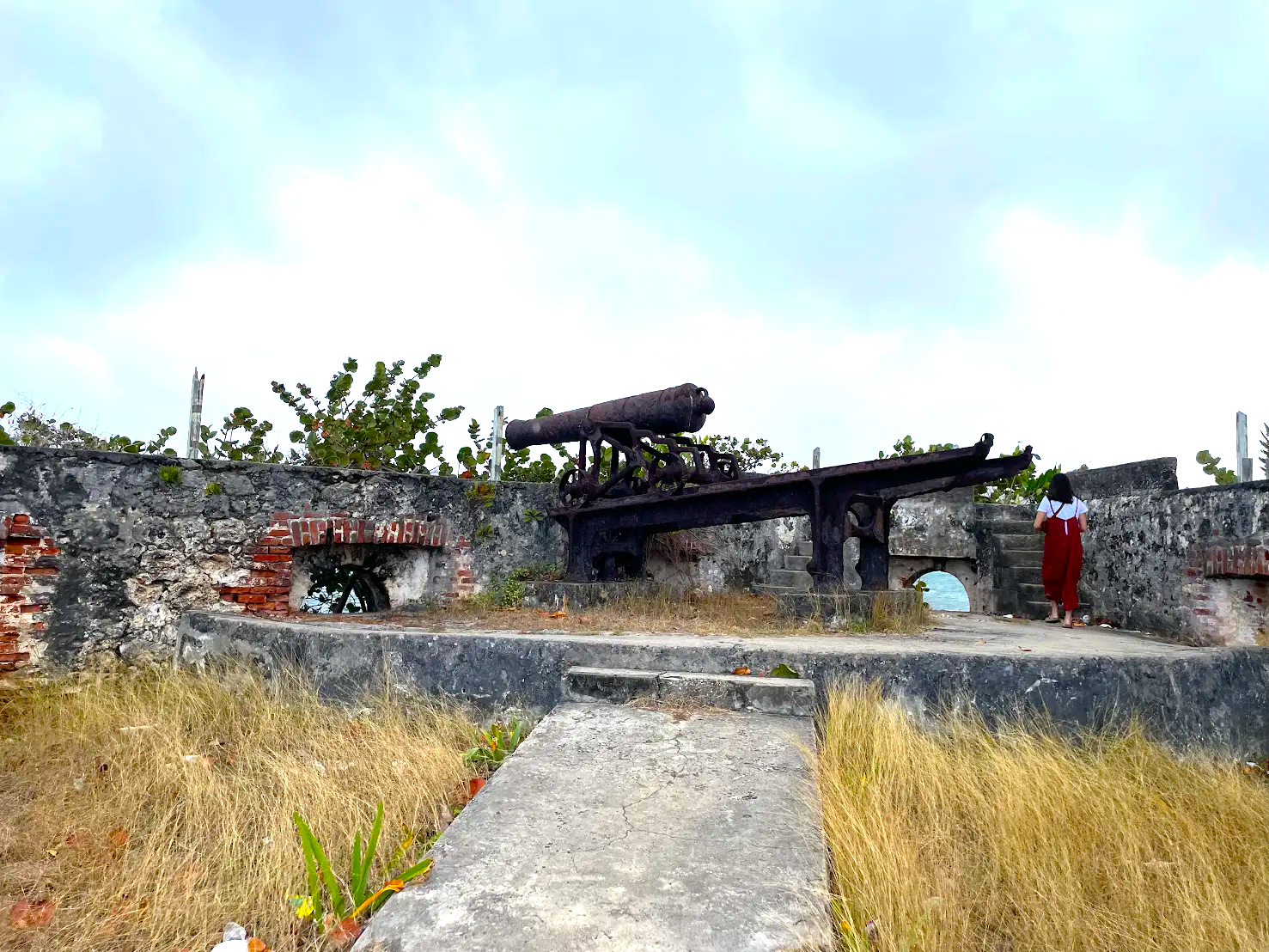 Historic fort with old cannon and stone ruins in grassy area.