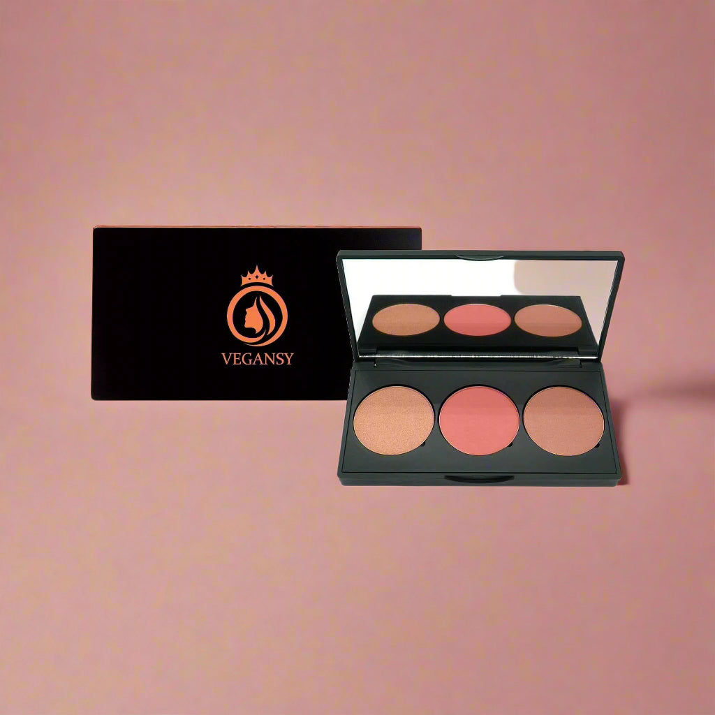 Vegansy Carnation cheek palette with three shades: blush, bronzer, and highlighter in matte and shimmer finishes
