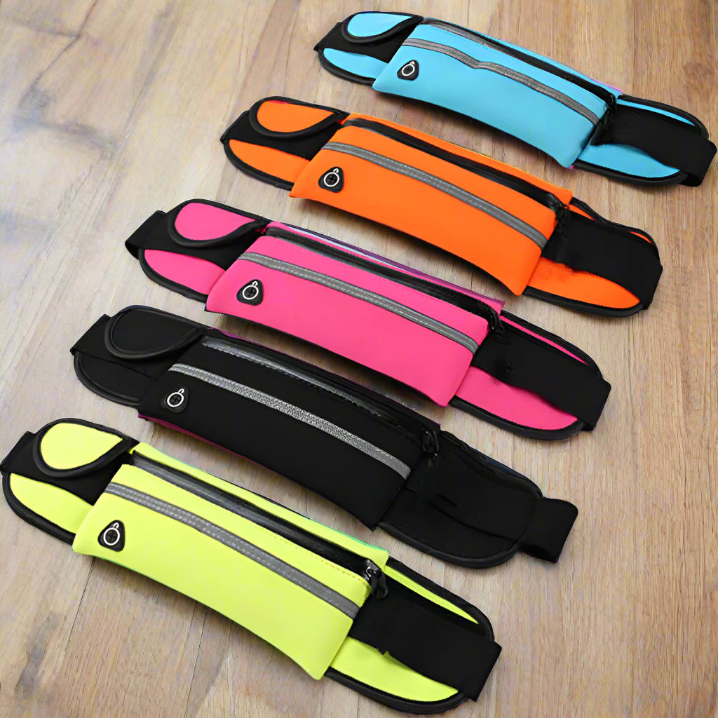 Velocity sports running belt with dual water-resistant pockets and bottle holder for jogging and travel