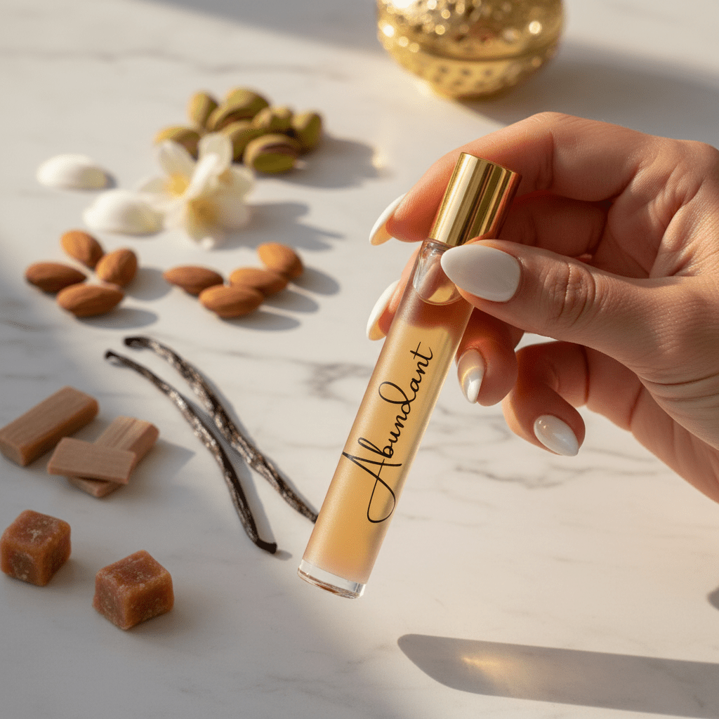 Woman holding Abundant Rollerball Perfume with scent prices in the background