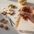 Woman holding Abundant Rollerball Perfume with scent prices in the background