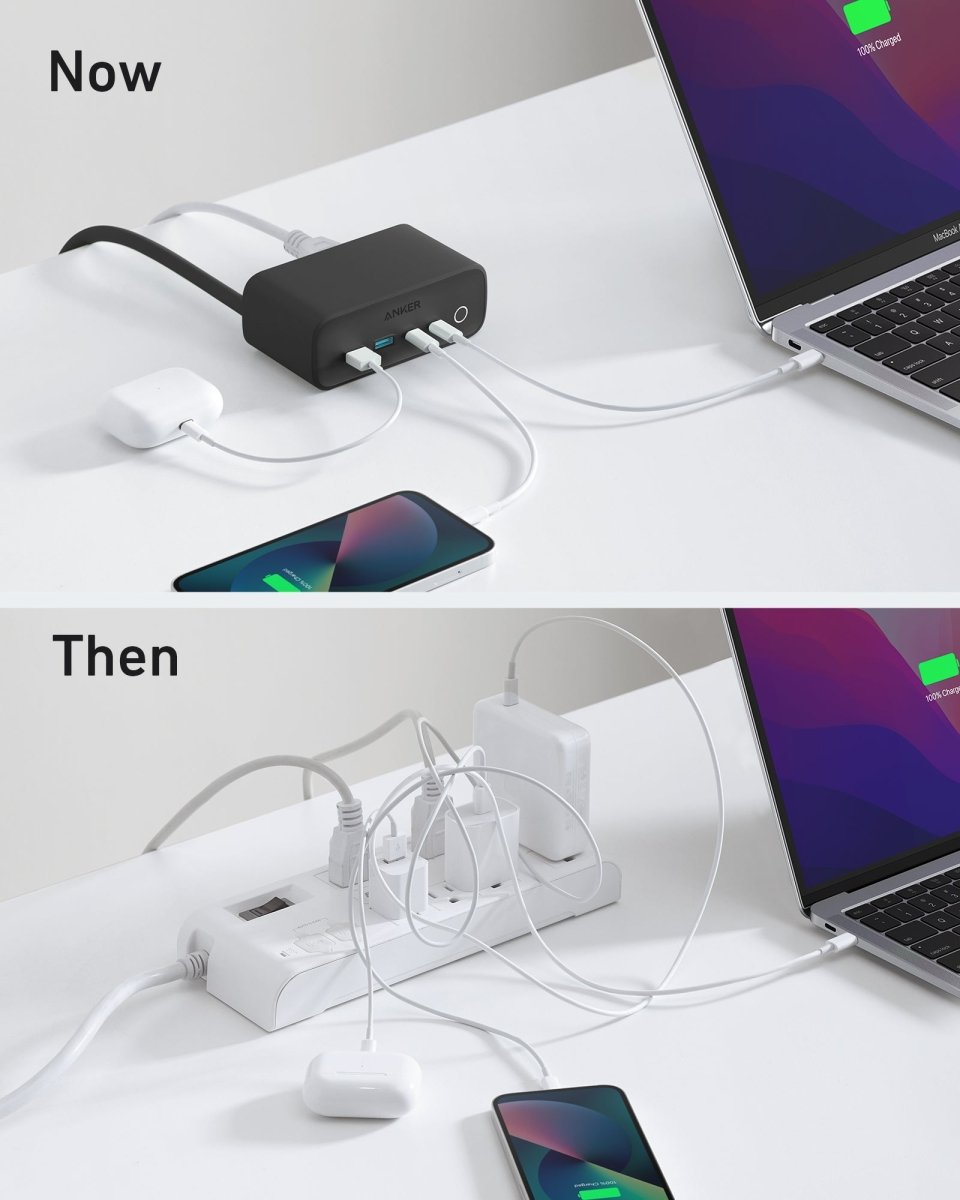 Comparison of a compact USB hub with multiple devices versus a cluttered setup with multiple power strips and cables.