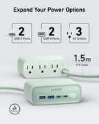 Anker power strip with multiple ports on a white background