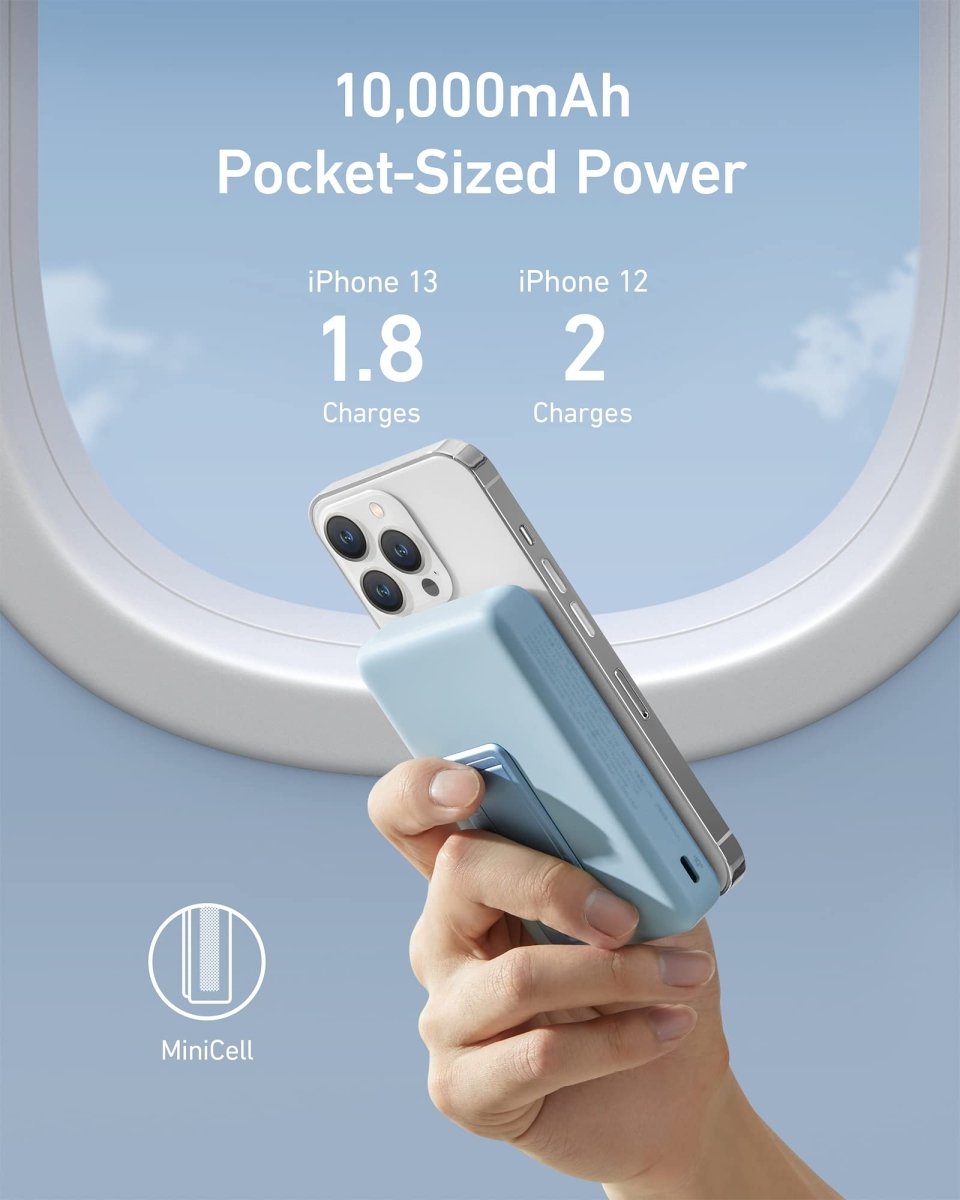 Hand holding a phone with a power bank, showcasing 10,000mAh capacity and charging capabilities.