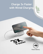 Phone being charged with a cable, text 'Charge 3x Faster with Wired Charging' and '3X Faster' on a white surface.