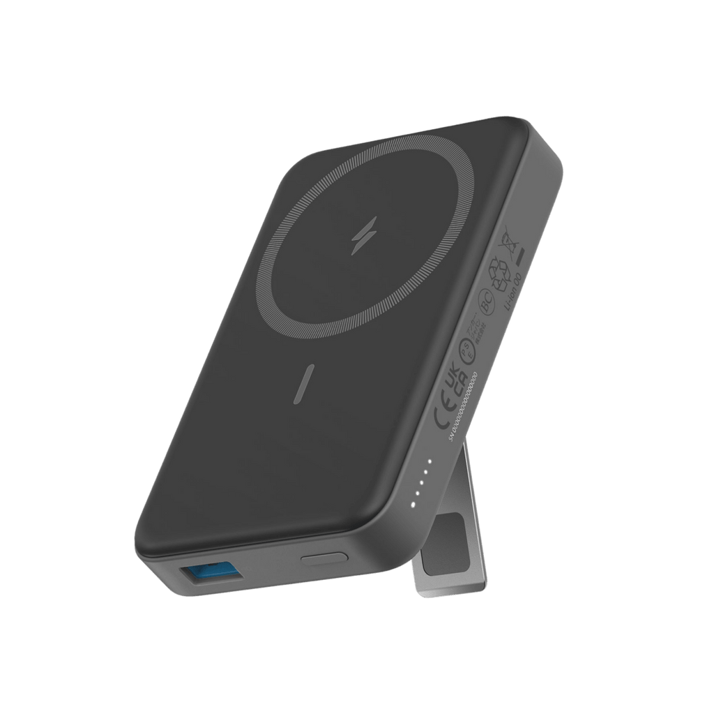 Black wireless charging pad with stand on a white background