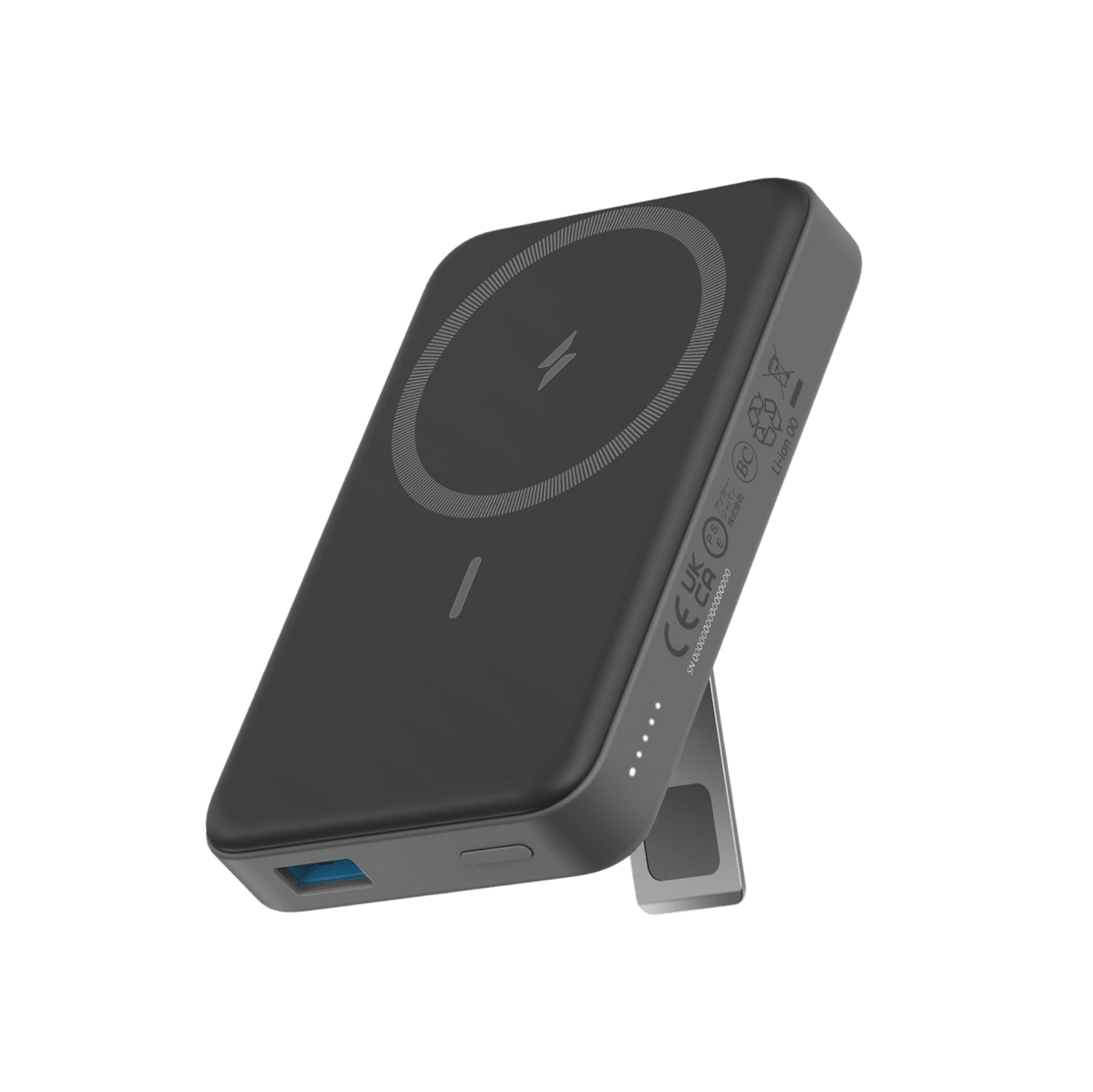 Black wireless charging pad with stand on a white background