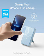 Anker product advertisement with a hand holding a phone and a magnetic charging stand on a light blue background.