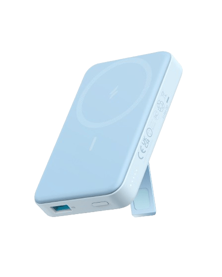 Light blue power bank on a white background