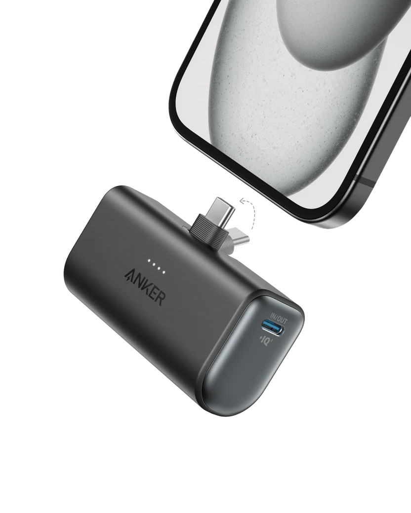 Anker power bank with lightning and USB-C connectors on a transparent background