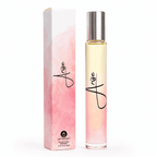 A clear glass perfume roller bottle filled with pale yellow liquid and a silver cap, standing beside its matching rectangular box. The packaging features a pink watercolor wash on a white background with the brand name 'Arise' in black script.
