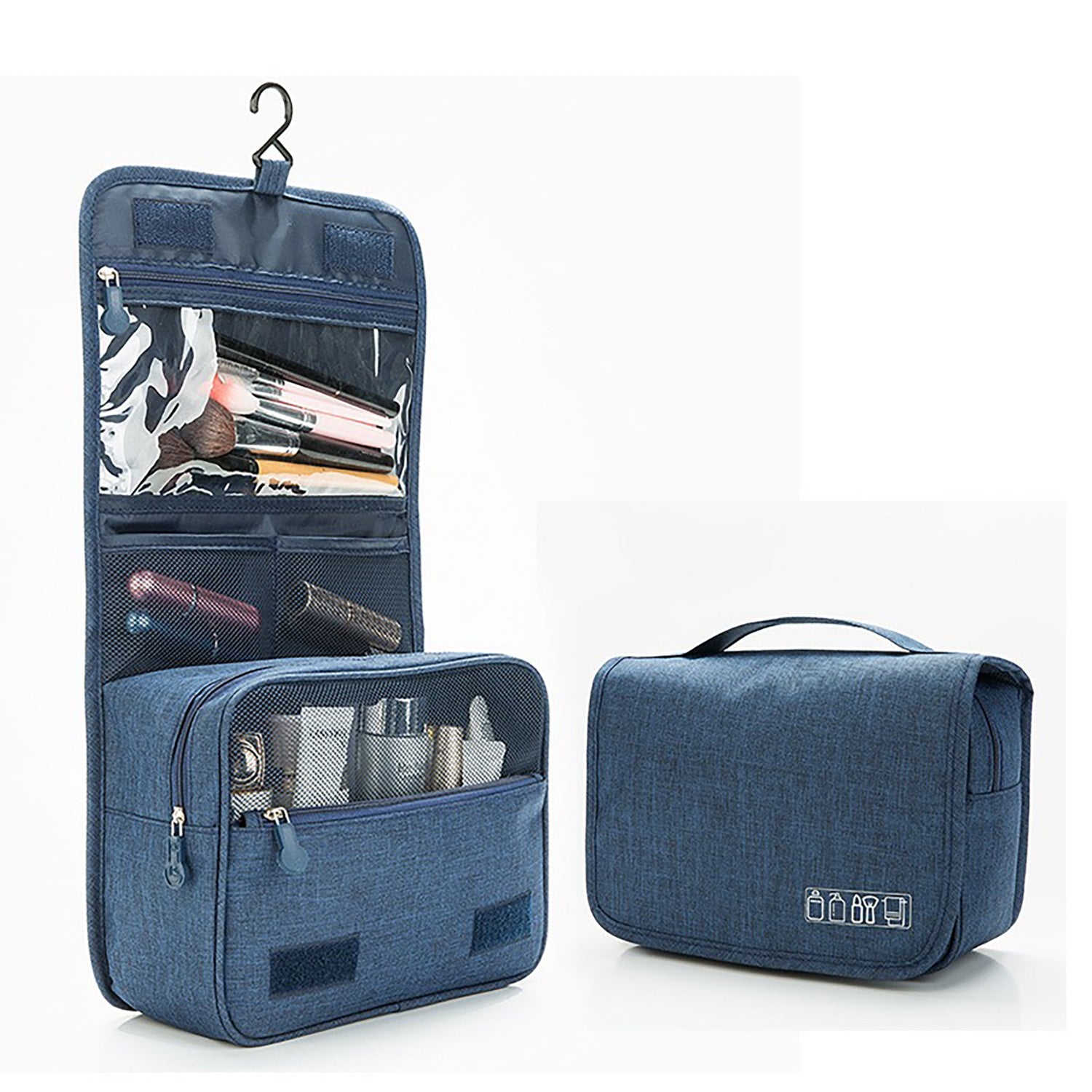 Dark blue toiletry bag with full-sized makeup and toiletry items on a white background