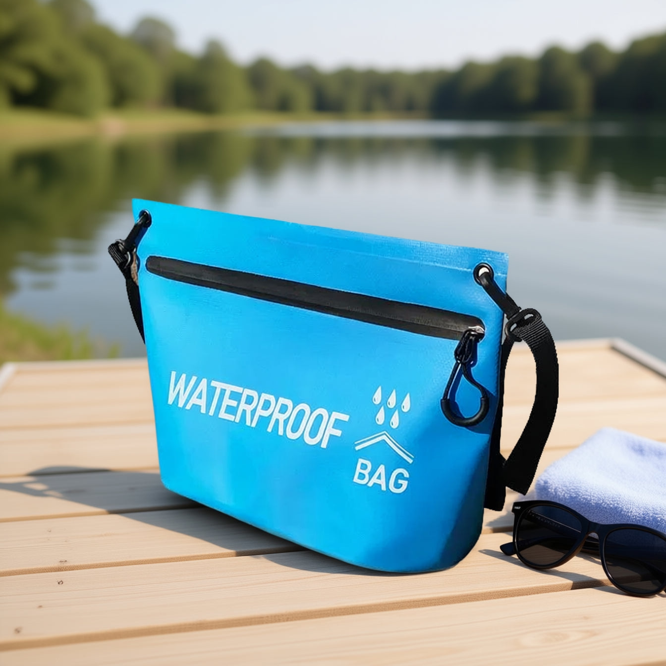 Blue waterproof bag on a wooden dock with sunglasses and a towel, surrounded by a natural landscape.