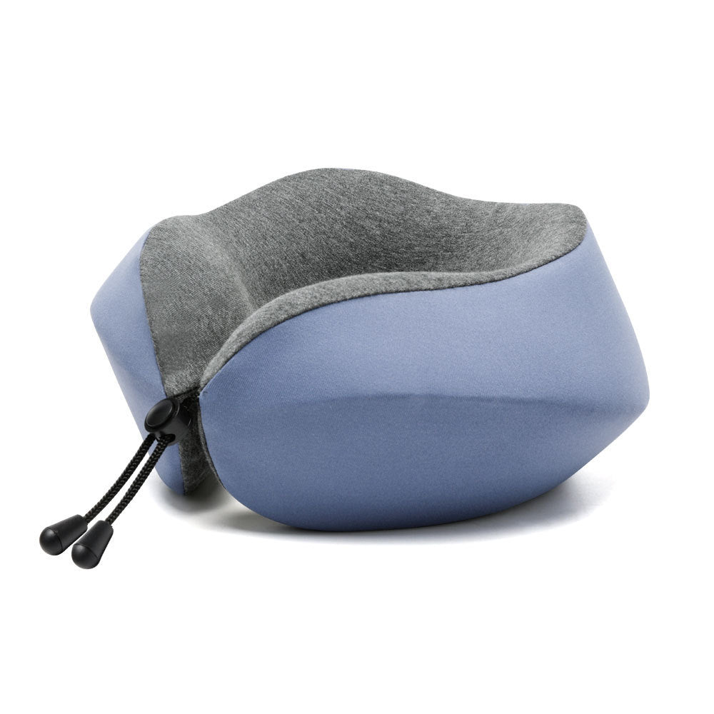 Blue and gray travel pillow on a white background