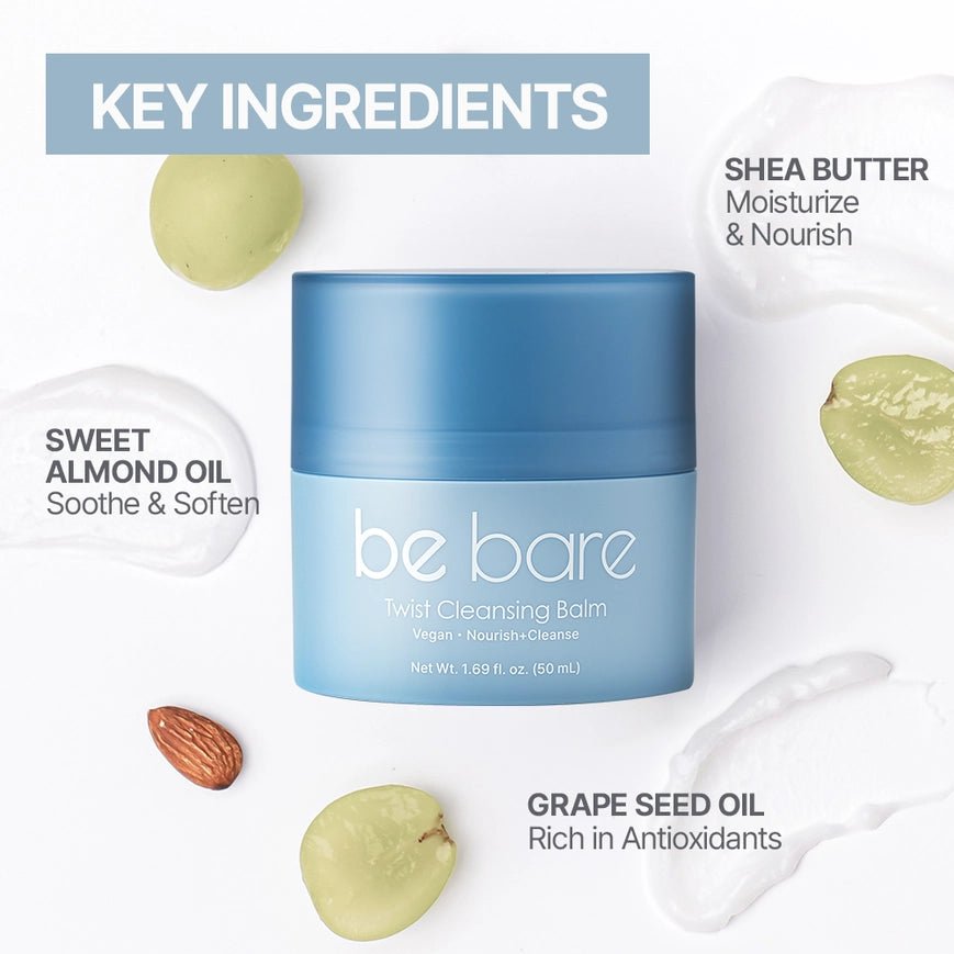 be bare Twist Cleansing Balm – Nourishing Makeup Remover (50mL) key ingredients including shea butter and sweet almond oil.