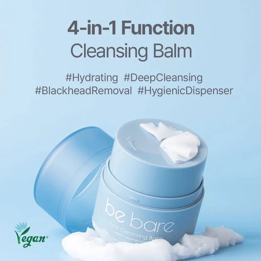 Cleansing balm container with text highlighting functions on a light blue background. Text reads "4-in-1 Function Cleansing Balm."