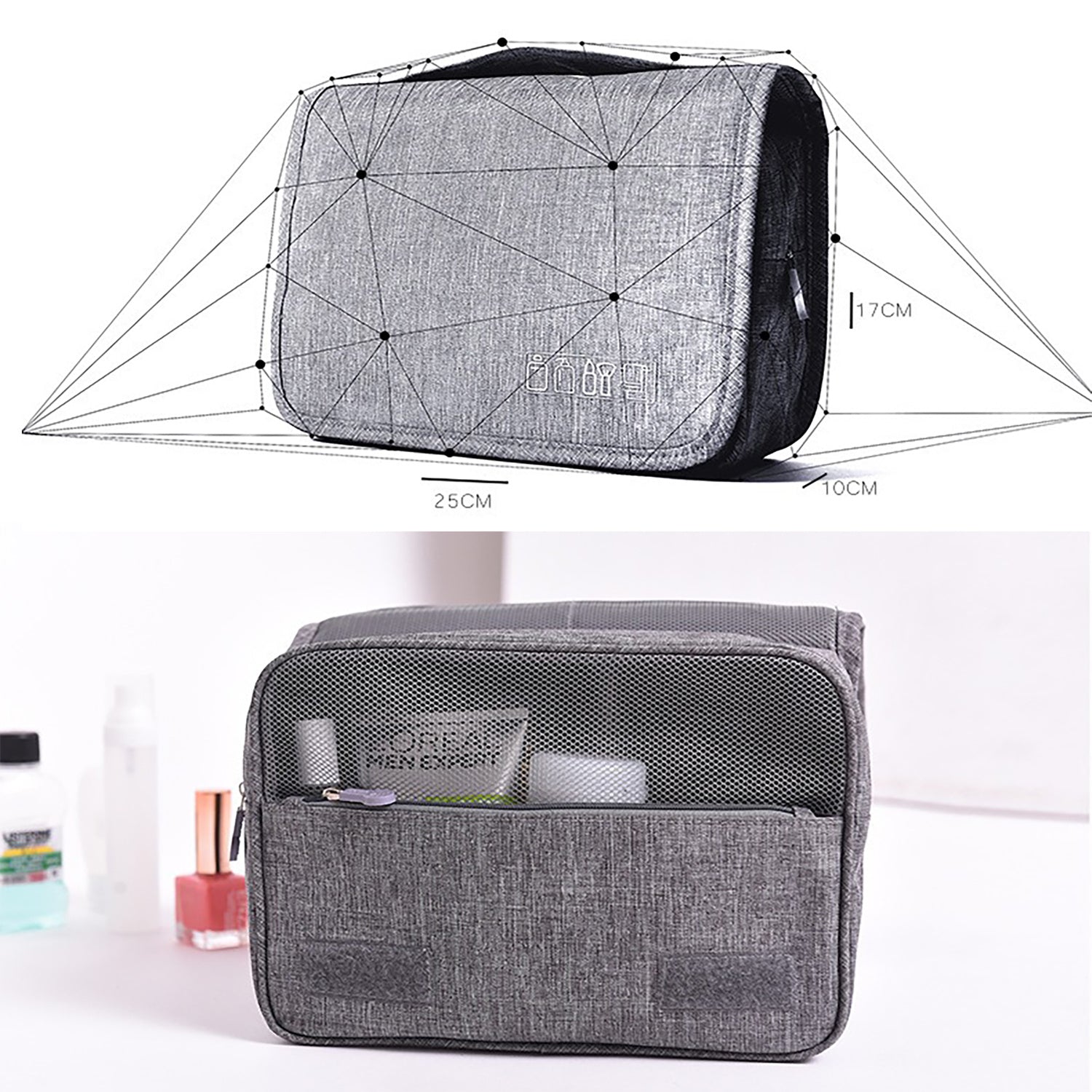Gray toiletry bag with dimensions and product inside on a white background. Length: 25 cm, Width: 10 cm, Height: 17 cm. The back of the bag shows a mesh pouch.