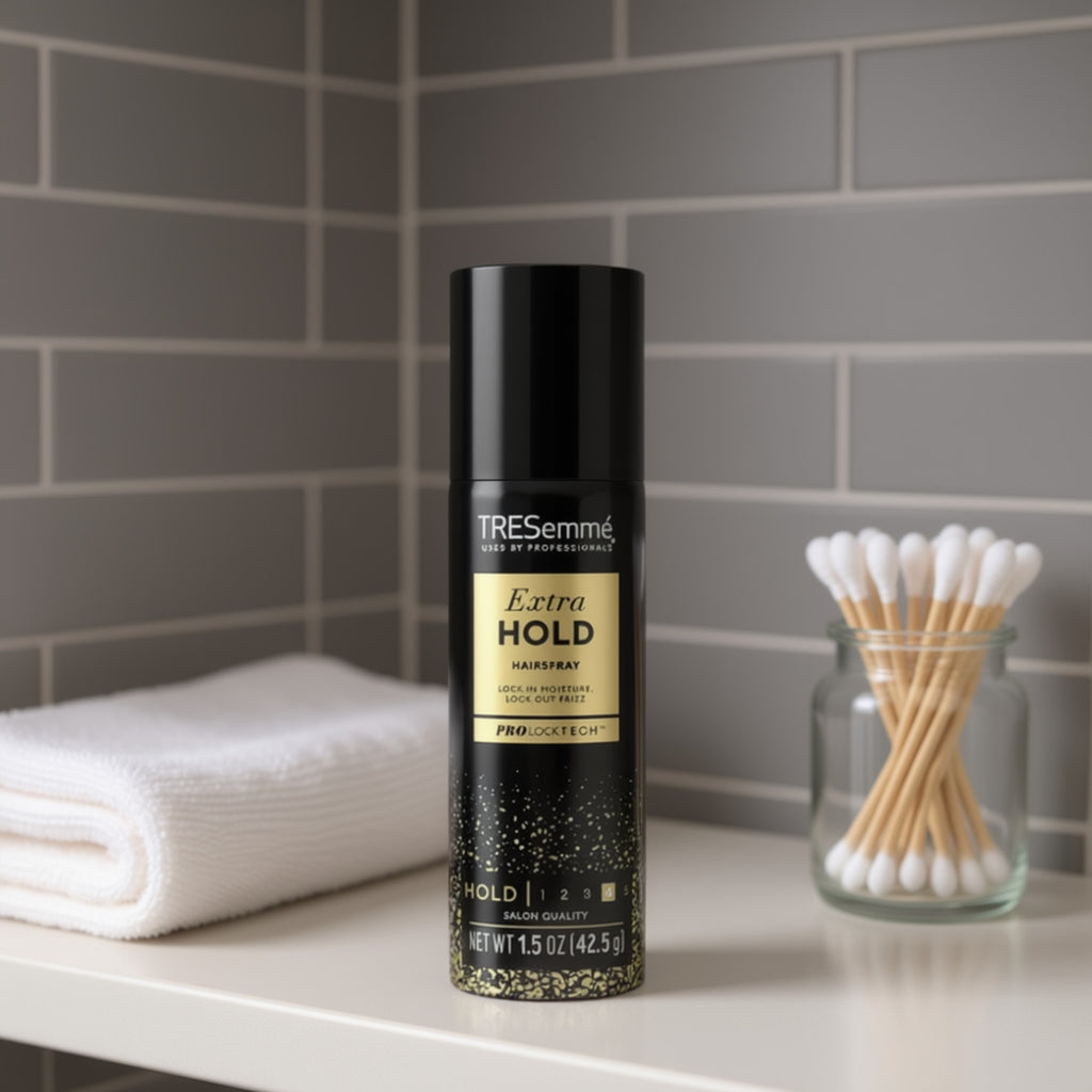 TRESemmé hair spray can on a bathroom shelf with a towel and cotton swabs. It is in a 1.5 oz, TSA-friendly container.