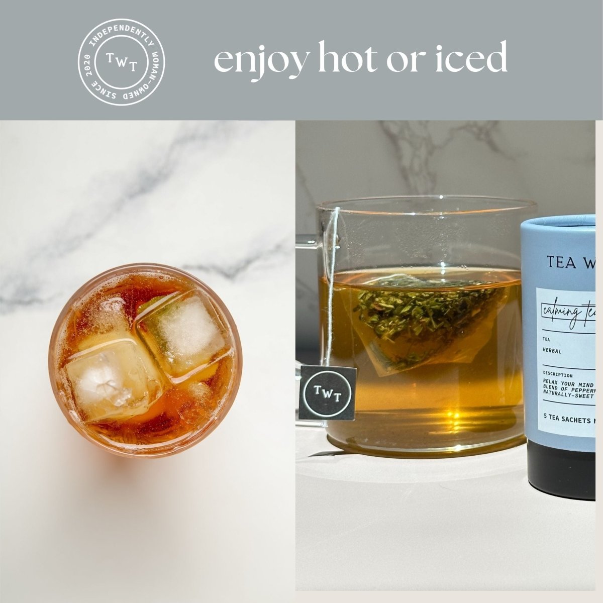 Calming Tea Mini Tube – Herbal Clarity Blend (5 Sachets) in hot and iced versions.