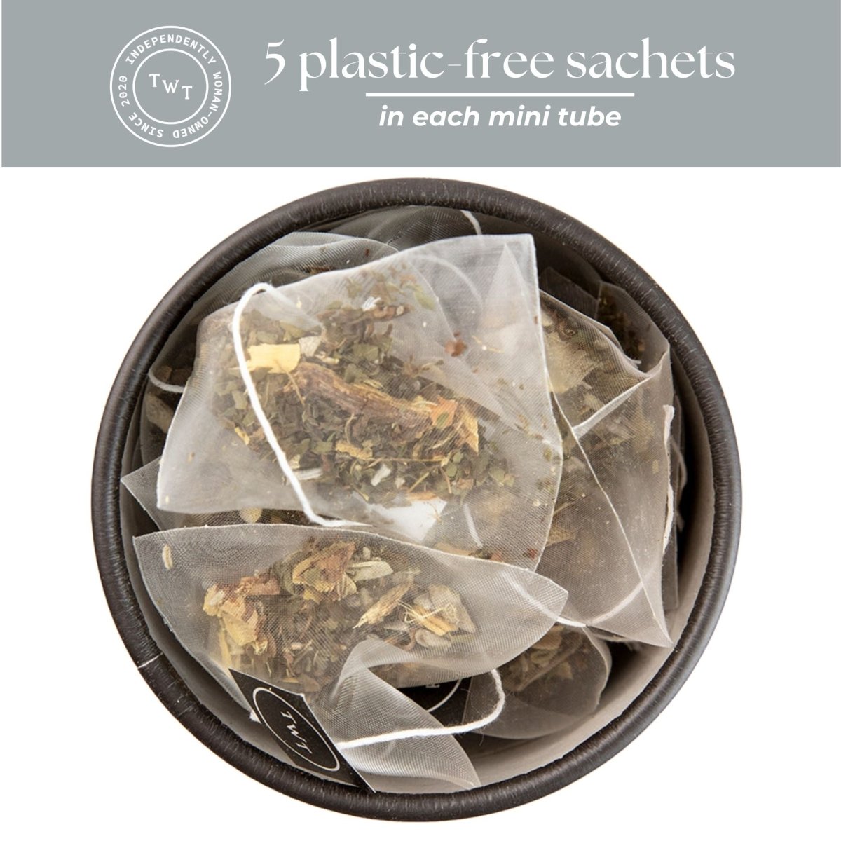 Calming Tea Mini Tube – Herbal Clarity Blend (5 Sachets) in travel size essentials.