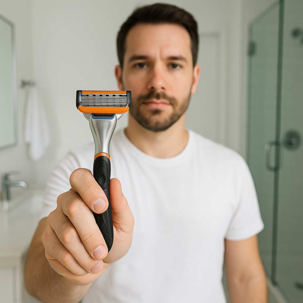 Man holding a razor in a bathroom setting