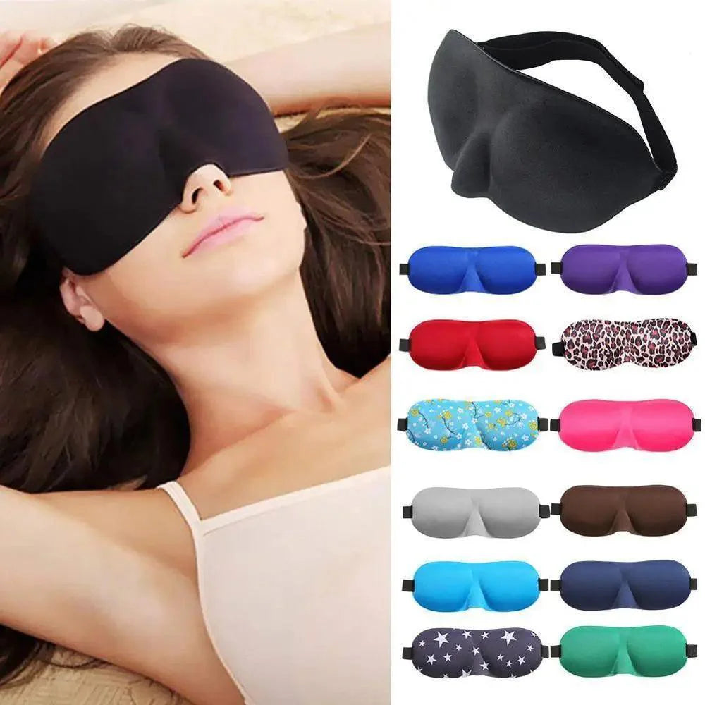 Woman wearing a black sleep mask with various color options displayed on the right.