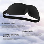 Black sleep mask with cloud background and text about material and ease of use.