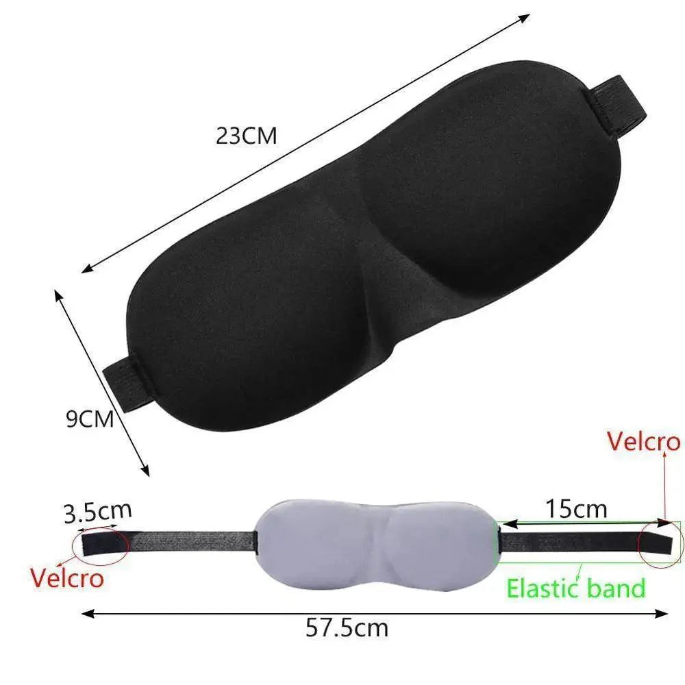 Black sleep mask with measurements and component details on a white background