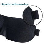 Black sleep mask with close-up of strap and text 'Superb craftsmanship' on a white background