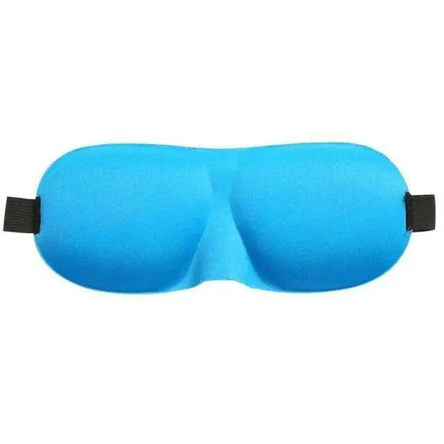Blue sleep mask with black straps on a white background