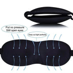 Black sleep mask with features highlighted on a white background