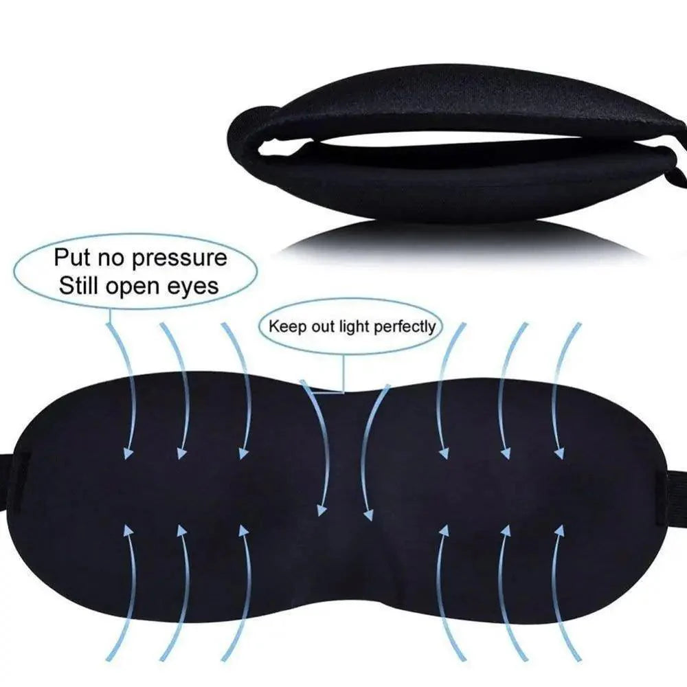 Black sleep mask with features highlighted on a white background