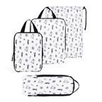 Set of three packing cubes with black patterns on a white background