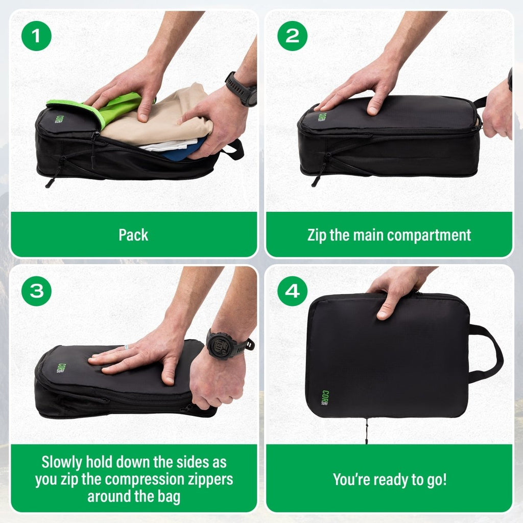 Step-by-step guide on how to pack and compress a black bag with text instructions.