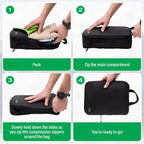 Step-by-step guide on how to pack and compress a black bag with text instructions.
