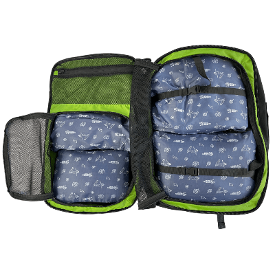 Open travel packing cube with compartments on a white background