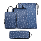 Set of three blue packing cubes with white patterns on a white background