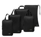 Four black travel packing cubes of different sizes with matching black drawstring storage pouches, arranged on a clean white background. Each bag features a small green 'CORN' logo near the bottom.