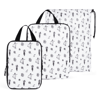 Two white bags with black patterns on a white background