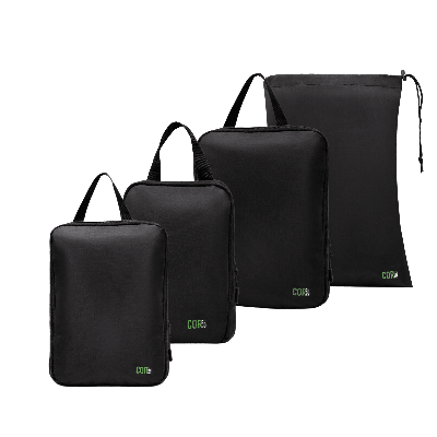 Set of black packing cubes with visible brand logo on a white background