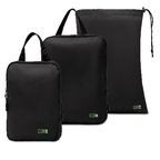Set of black packing cubes with 'COR' branding on a white background