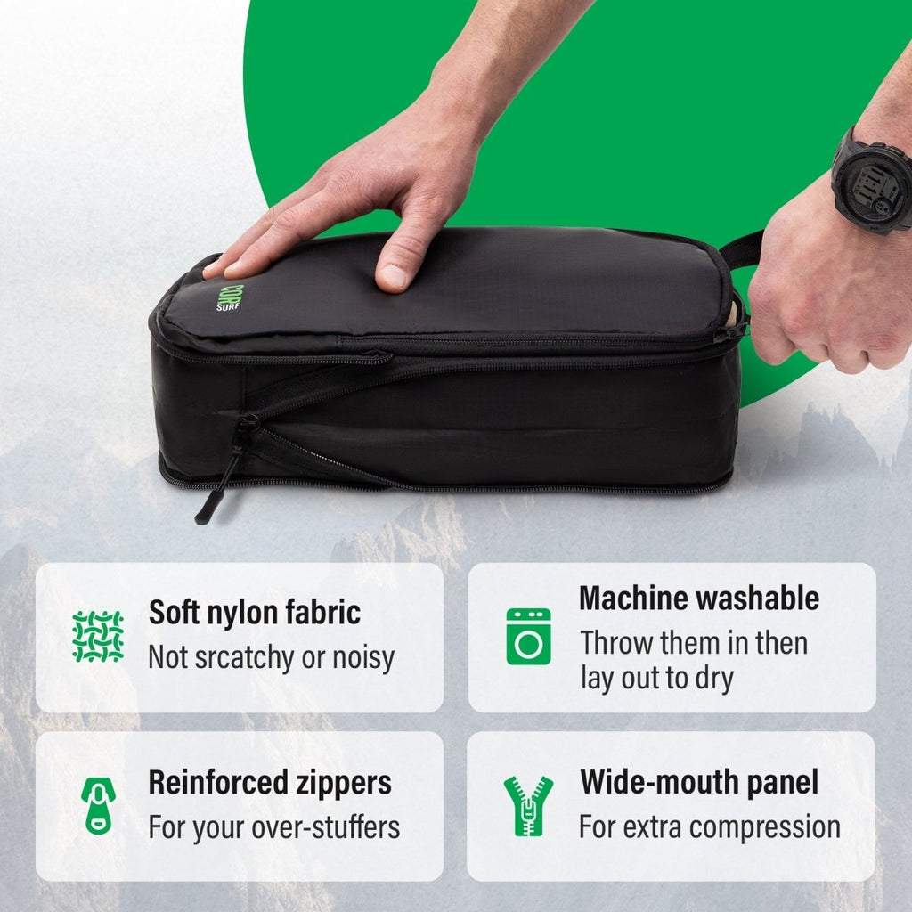 Black travel bag being held by a person with features highlighted on a green and gray background